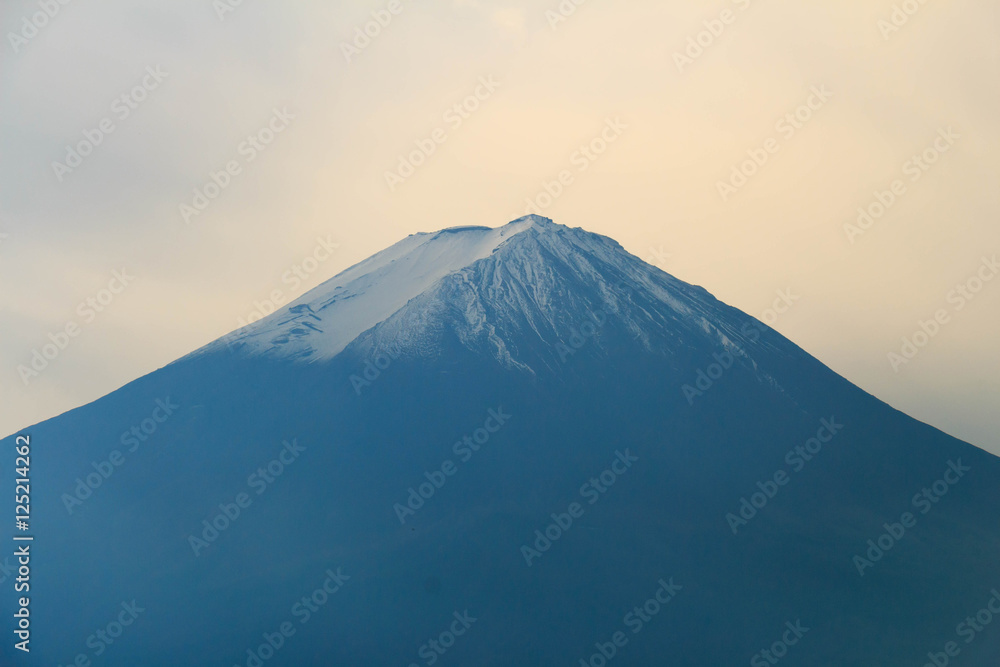 Close up the top of Mount Fuji, Lake Kawaguchiko, Japan