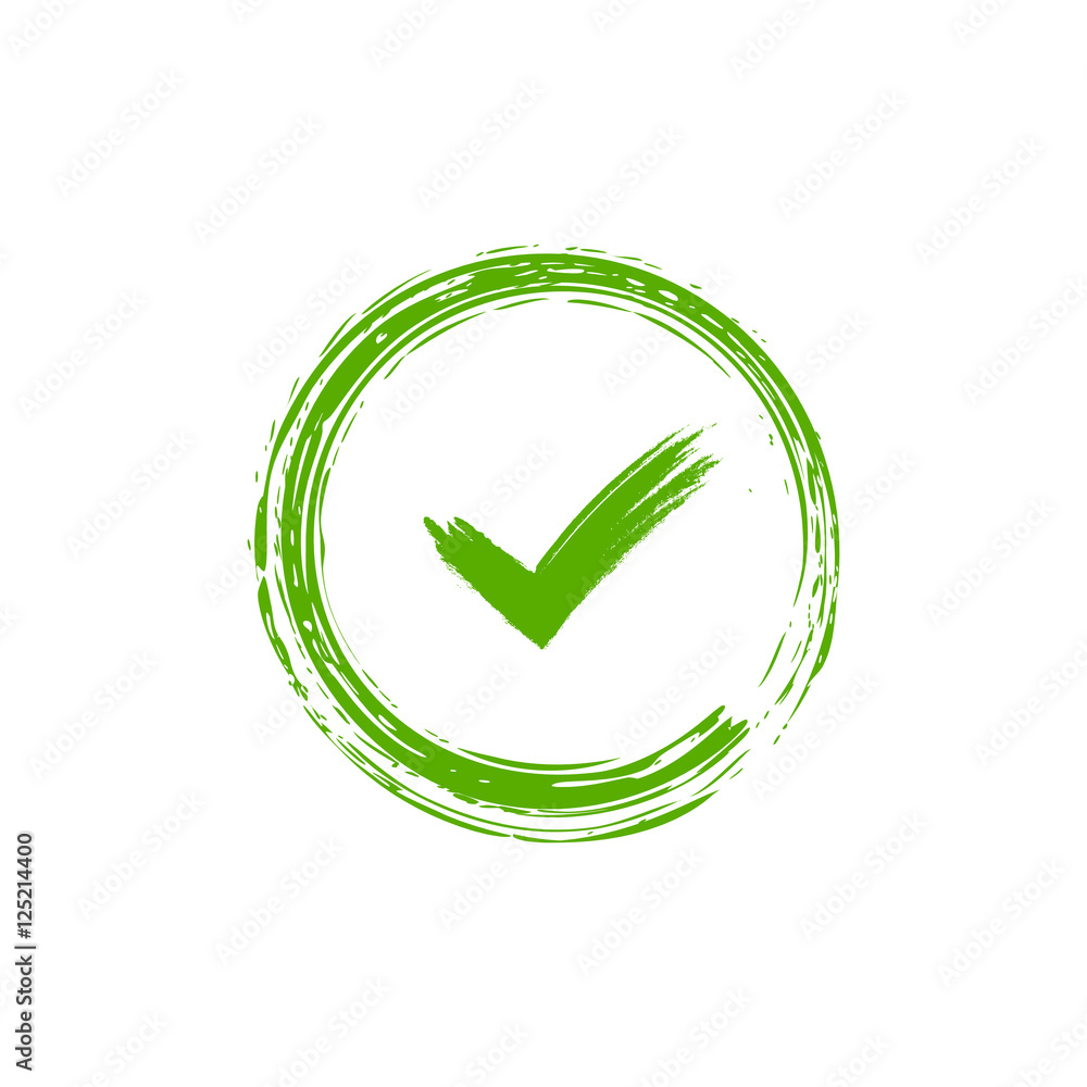 Tick sign element. Green checkmark icon isolated on white background. Simple mark design. Circle shape OK button for vote, decision, web. Symbol of correct, check, approved Vector illustration Tick sign element. Green checkmark icon isolated on white background. Simple mark design. Circle shape OK button for vote, decision, web. Symbol of correct, check, approved Vector illustration