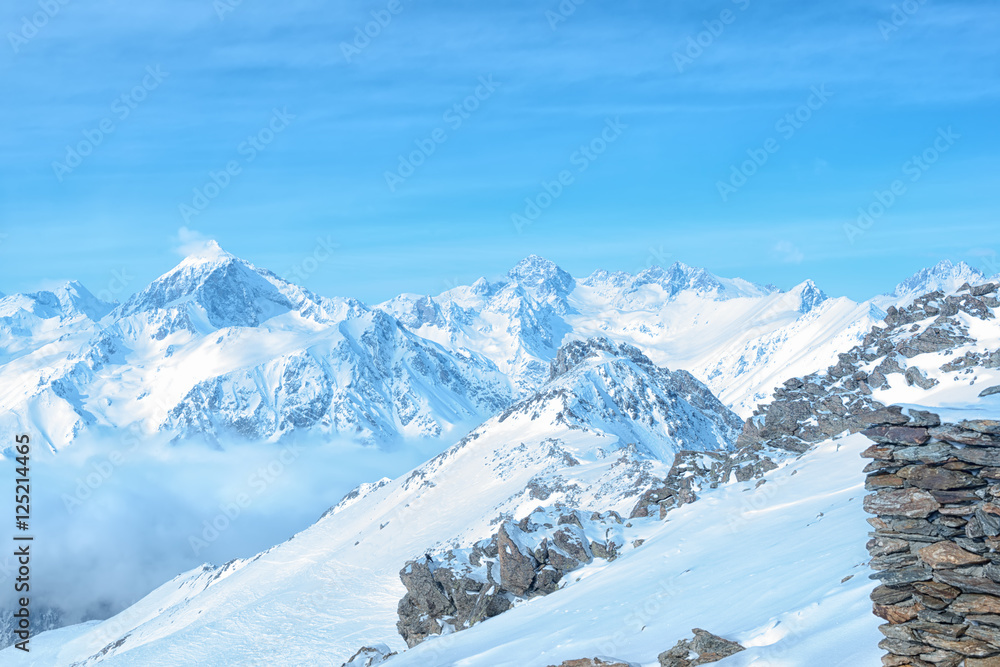 amazing winter day landscape with snow covered peaks of Caucasus