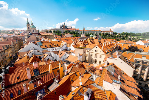 Cityscape aerial view on the Lesser town with castle hill and churches in Prague city photo