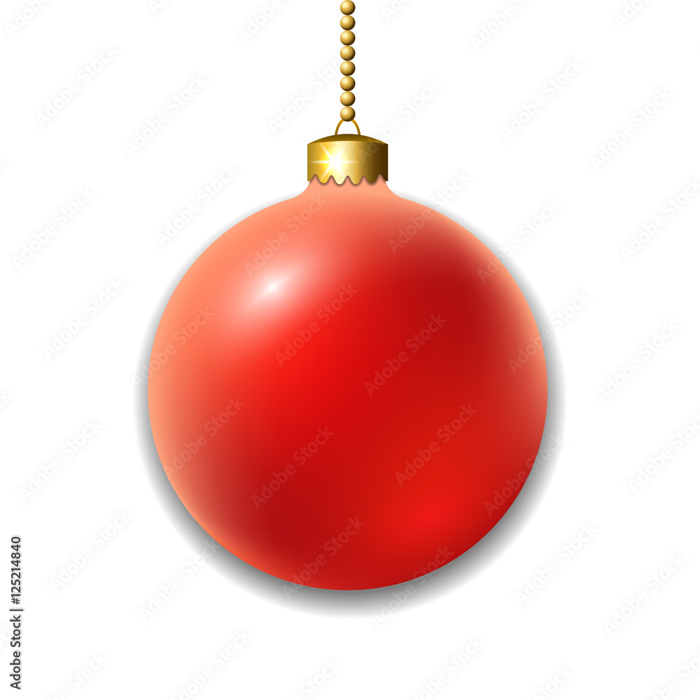 Merry Christmas 3D ball decoration. Red with gold bauble, isolated on white background. Bright shiny decorative holiday design. Symbol of Xmas, Happy New Year celebration. Vector illustration Merry Christmas 3D ball decoration. Red with gold bauble, isolated on white background. Bright shiny decorative holiday design. Symbol of Xmas, Happy New Year celebration. Vector illustration