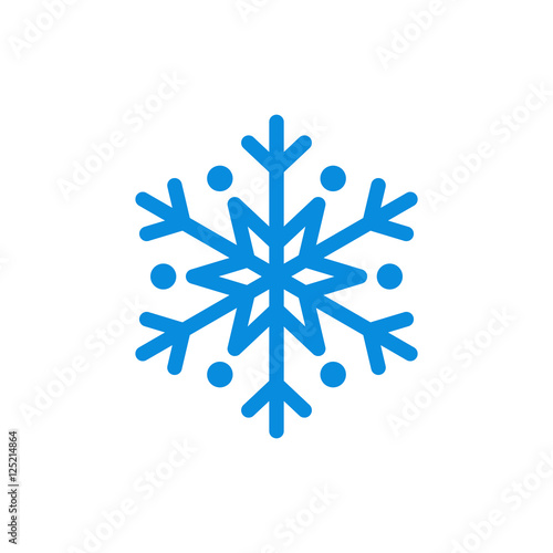 Snowflake icon. Blue silhouette snow flake sign, isolated on white background. Flat design. Symbol of winter, frozen, Christmas, New Year holiday. Graphic element decoration. Vector illustration