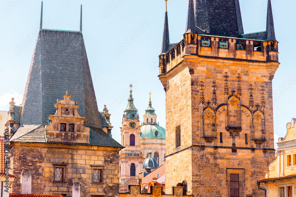 Naklejka premium View on the Lesser town with bridge tower and saint Nicholas church in Prague city
