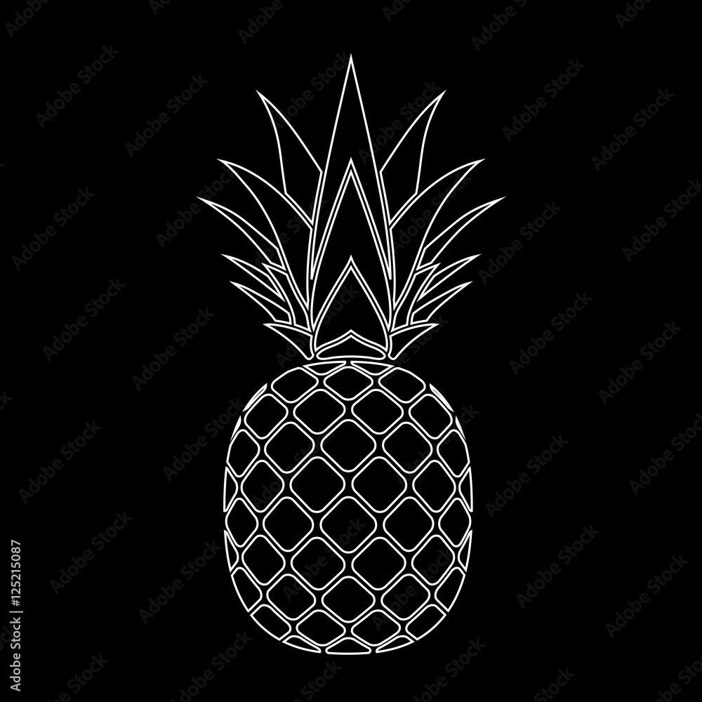 Pineapple with leaf silhouette icon. Tropical fruit isolated on black ...