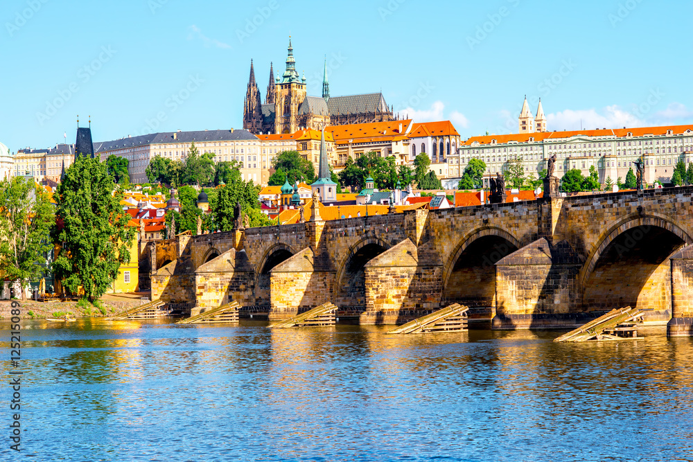 View on the Lesser town with Charles bridge and Vitus church in Prague city
