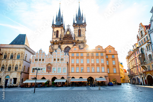 Photography View on the old town square with famous Tyn cathedral on the sunrise in Prague