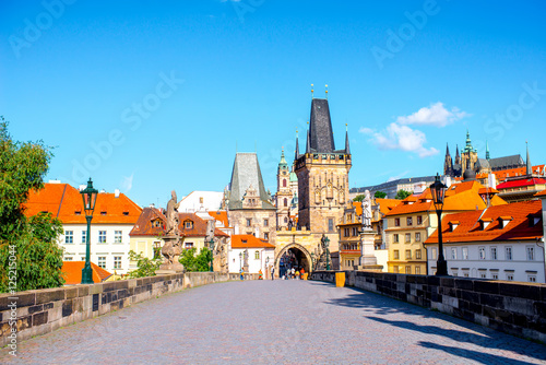 View on the Lesser town with bridge tower and saint Nicholas and Vitus churches in Prague city