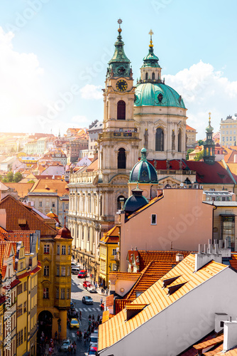 Cityscape view on the lesser town with saint Nicholas church in Prague city