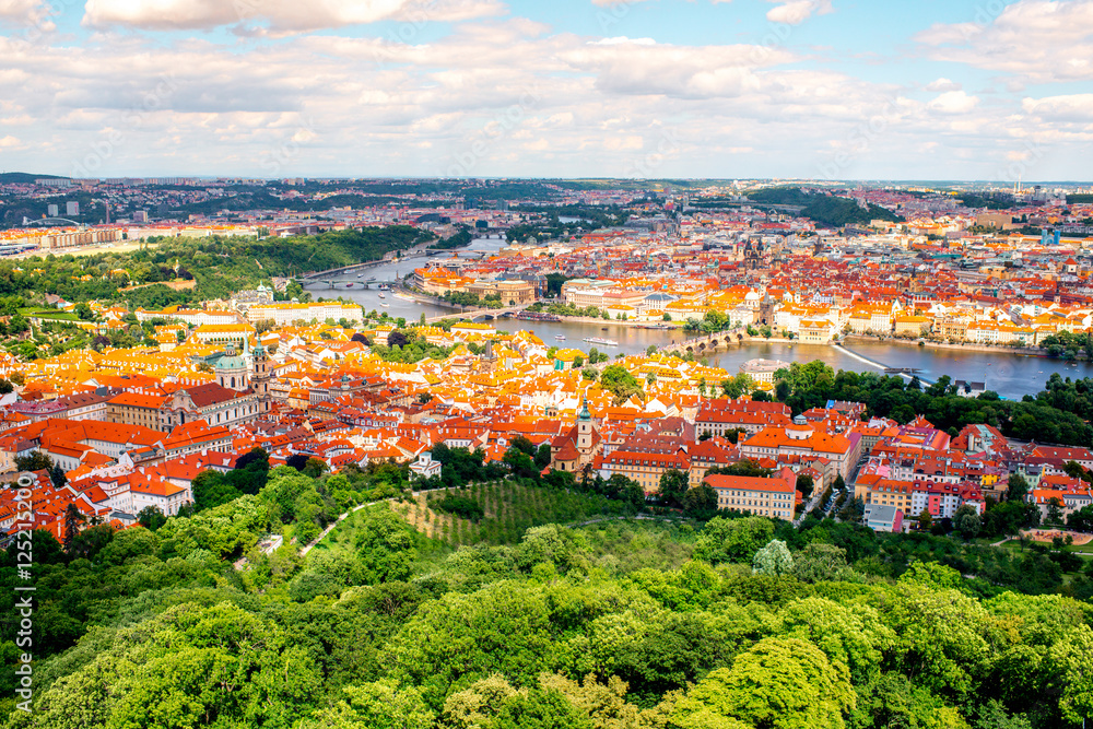 Panoramic aerial view on the old town and Petrin park in Prague city