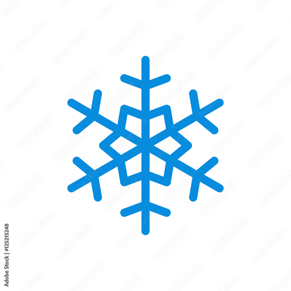 Obraz premium Snowflake icon. Blue silhouette snow flake sign, isolated on white background. Flat design. Symbol of winter, frozen, Christmas, New Year holiday. Graphic element decoration. Vector illustration