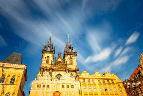 View on the famous cathedral on the old town square in Prague city. Long exposure image technic with blurred clouds