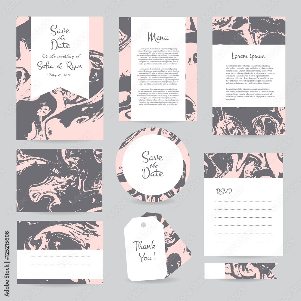 Obraz premium Vector gentle wedding cards template with hipster ethno design. Wedding invitation or save the date, RSVP, menu and thank you card for bridal design. Vector set of postcard with geometric decoration.