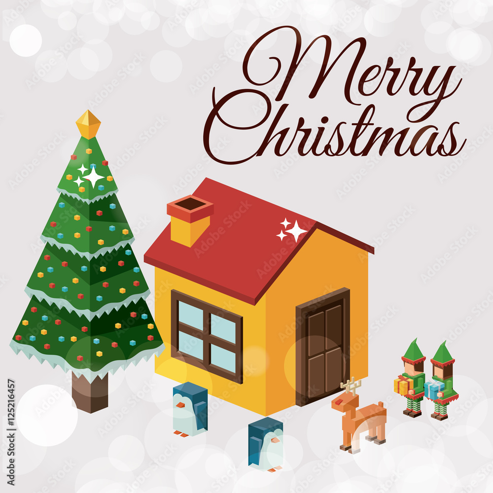Isometric house icon. Christmas season decoration and celebration theme. Colorful design. Vector illustration
