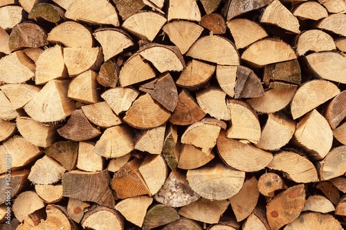 wall firewood , Background of dry chopped firewood logs in a pile. Stack of logs felled and left to dry. 