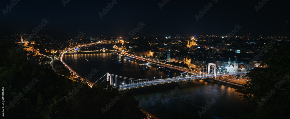 Panoramic View of Budapest and the Danube River from Gellert Hill Lookout Point at night