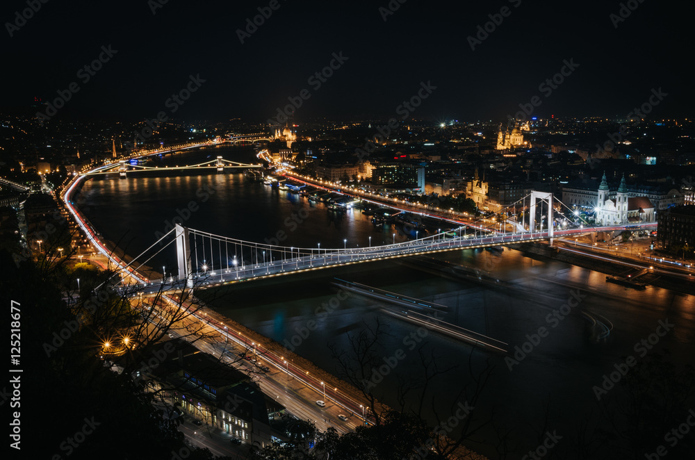 Fototapeta premium Panoramic View of Budapest and the Danube River from Gellert Hill Lookout Point at night