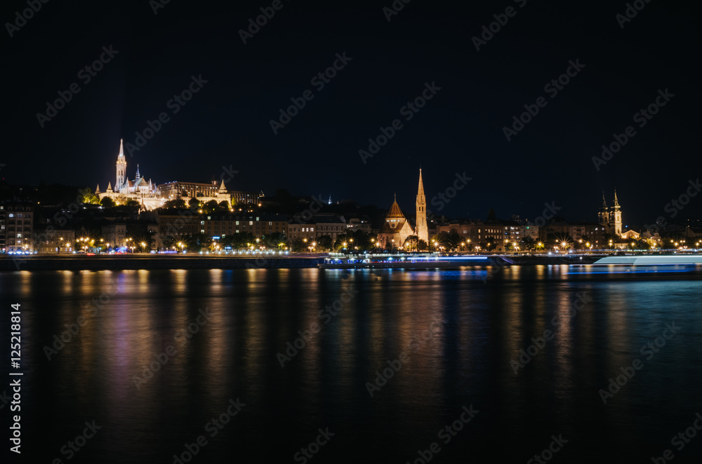 View of Fishermen Bastion and St. Matthias church nicely illuminated at night, Budapest, Hungary