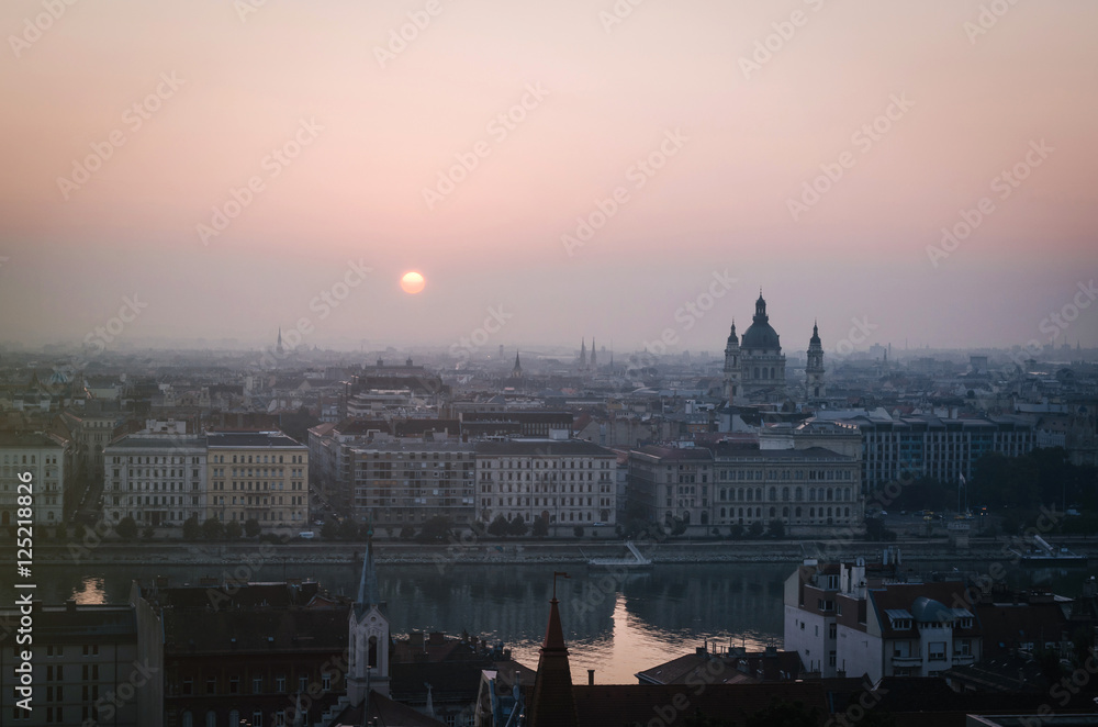 St. Stephen basilica panoramic view from Fishermen Bastion at sunrise, Budapest, Hungary