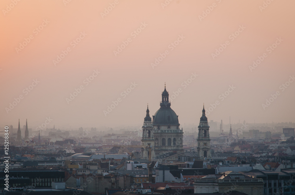 St. Stephen basilica panoramic view from Fishermen Bastion at sunrise, Budapest, Hungary