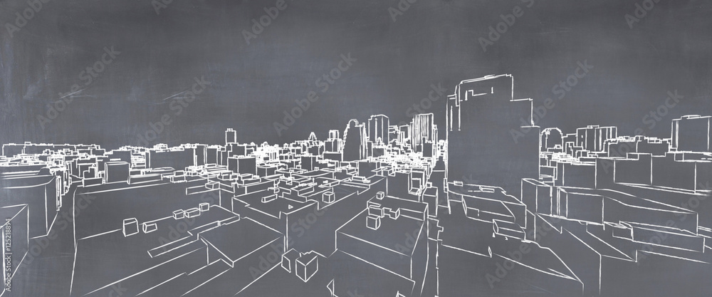  illustration of a city painted on a blackboard