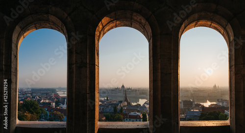 Budapest morning sunrise view panorama. View from fishermen bastion tower.