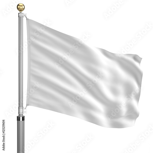 White flag on flagpole waving in the wind isolated on white. 3d render photo
