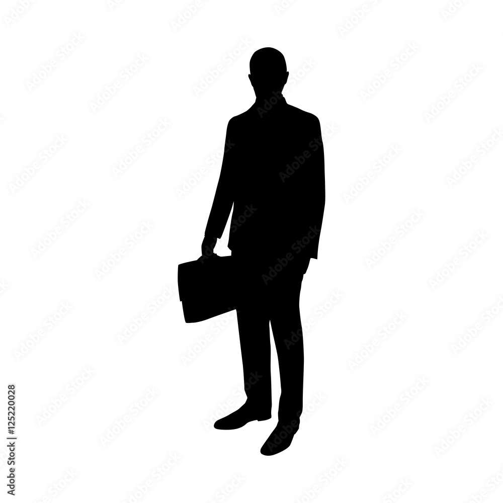 Business man standing with briefcase in hand. Vector silhouette