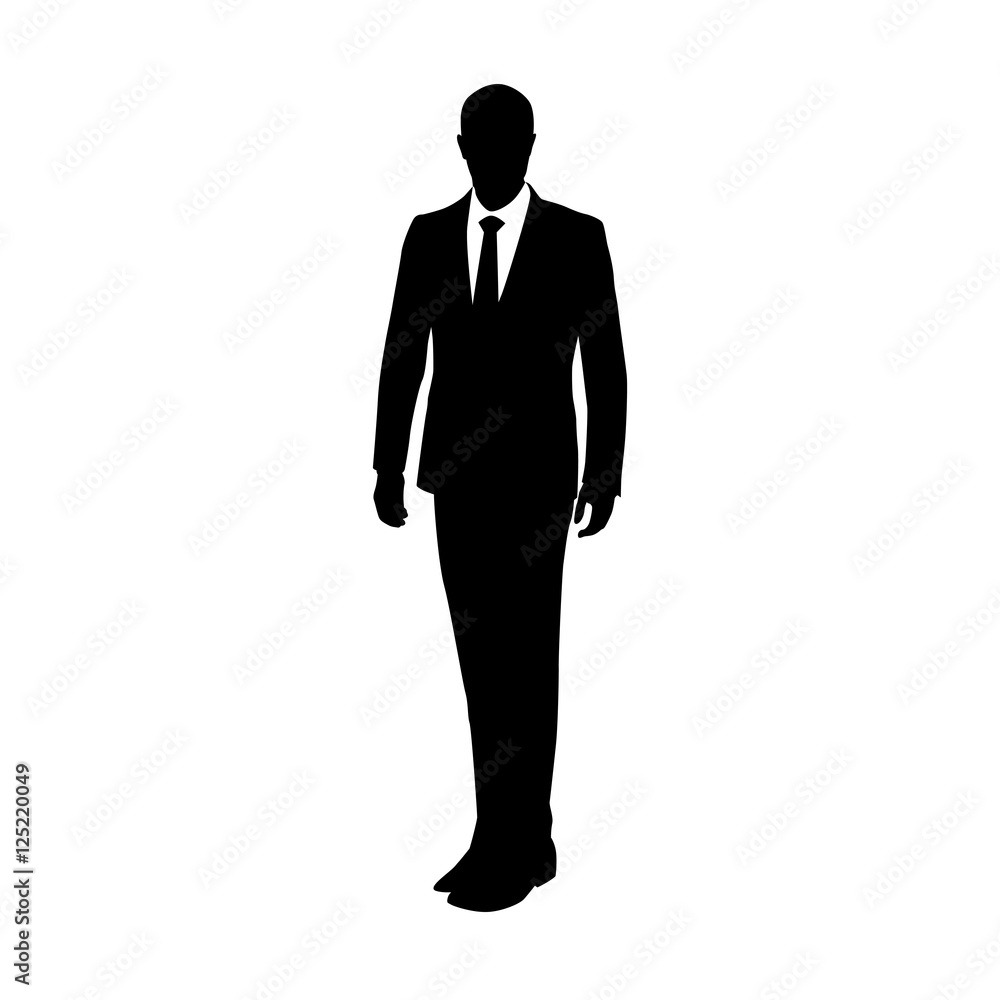 Vector silhouette of a man standing in a suit at the lecture. Bu