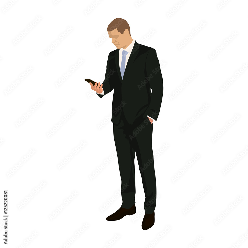 Businessman stands and holds mobile phone in hand. Standing man Businessman stands and holds mobile phone in hand. Standing man