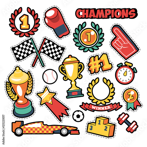 Fashion Badges, Patches, Stickers in Comic Style Champions Theme with Cups, Medals and Sports Equipment. Vector Retro Background
