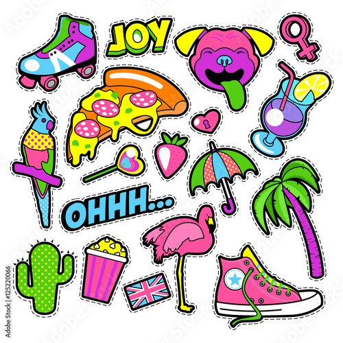 Fashion Girls Badges, Patches, Stickers - Flamingo Bird, Pizza Parrot and Heart in Comic Style. Vector illustration photo