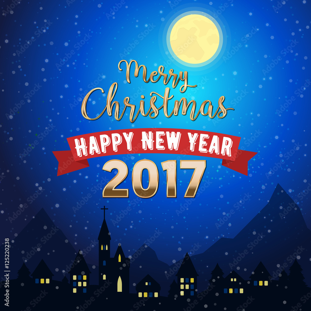 Merry Christmas Mountain Town Landscape on the Moonlight Sky. Winter Holidays Greeting Card. Vector background