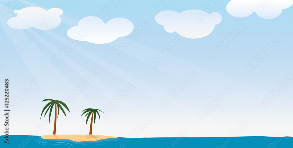 Sunny lonely Island in the middle of the ocean with 2 palm trees