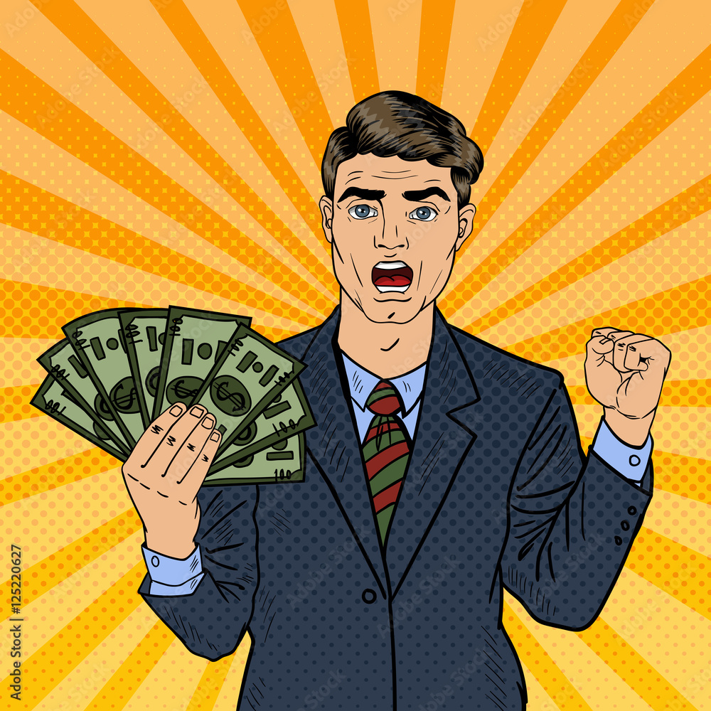 Pop Art Rich Businessman Holding Money Dollar Banknotes. Vector Retro illustration Pop Art Rich Businessman Holding Money Dollar Banknotes. Vector Retro illustration