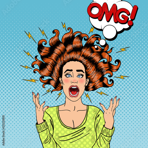 Pop Art Aggressive Furious Screaming Woman with Flying Hair and Flash. Vector illustration