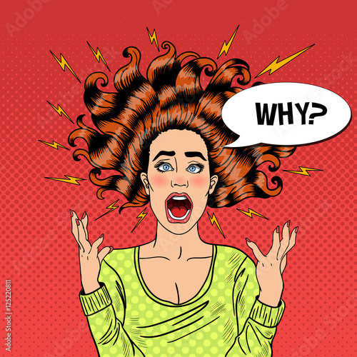Pop Art Aggressive Furious Screaming Woman with Flying Hair and Flash. Vector illustration