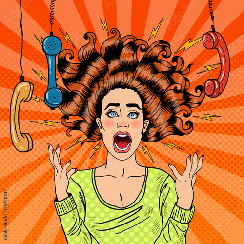 Pop Art Aggressive Furious Screaming Woman with Handset. Vector illustration