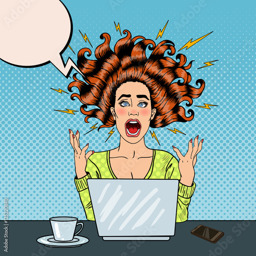 Pop Art Aggressive Furious Screaming Woman with Laptop at Office Work. Vector illustration