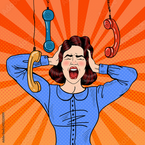 Pop Art Angry Frustrated Woman Screaming at Office Work. Vector illustration
