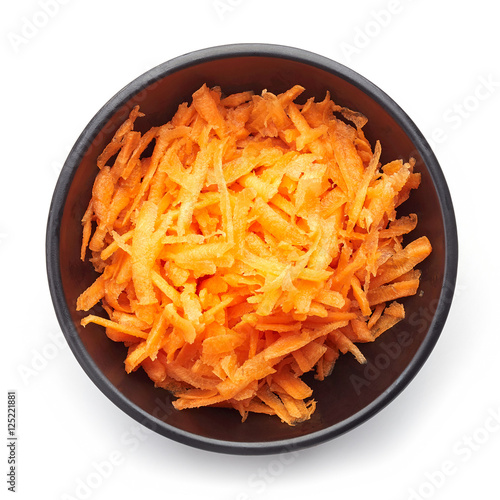 Bowl of grated carrot from above