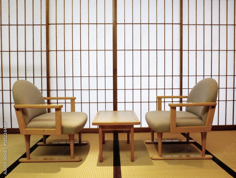 Tatami, shoji sliding doors, table and chairs Tatami, shoji sliding doors, table and chairs