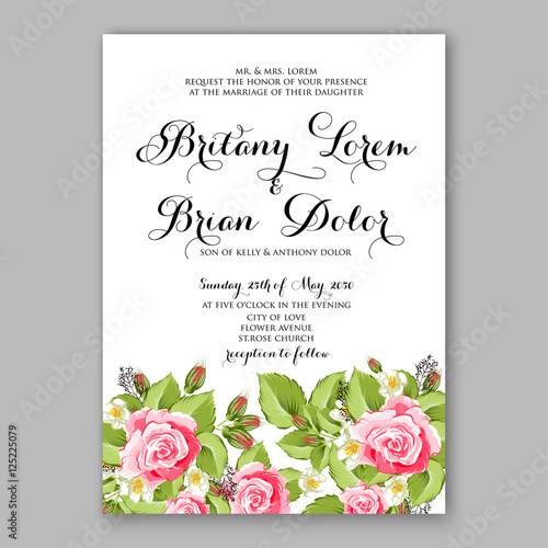 Romantic pink rose bridal bouquet Wedding invitation template design wreath rose