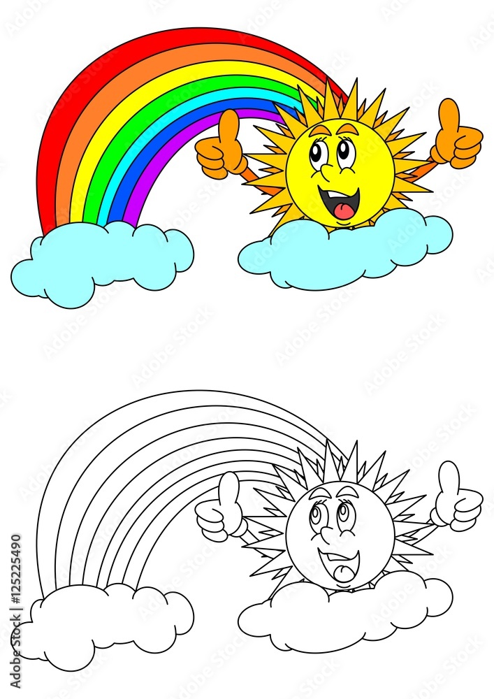Smiling sun with thumbs-up sign, rainbow, clouds and a coloring book for young children - vector eps Smiling sun with thumbs-up sign, rainbow, clouds and a coloring book for young children - vector eps