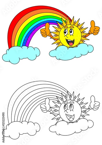 Smiling sun with thumbs-up sign  rainbow  clouds and a coloring book for young children - vector eps