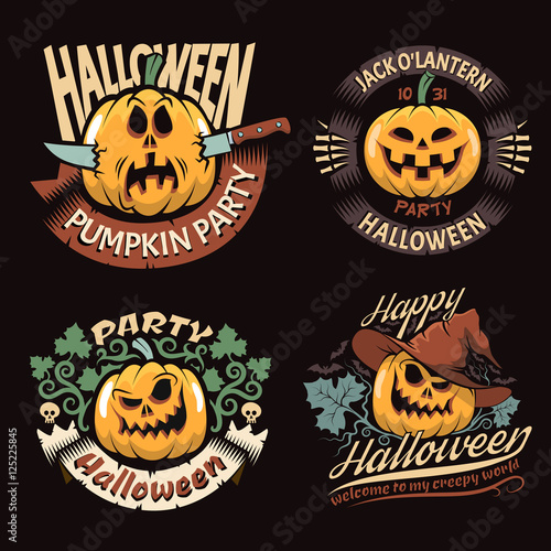 Emblems with Halloween pumpkin in a vintage style. Vector illustration.