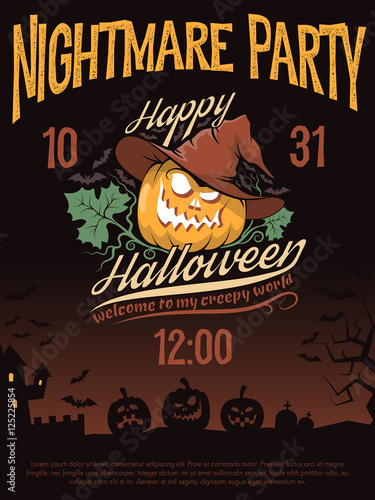 Poster invitation to the Halloween party with a grinning pumpkin in a hat. Vector illustration.