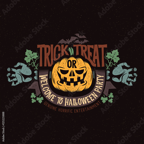 Colorful Halloween logo, mascot, smiling pumpkin, and the dead man's splayed arms with ribbon and bats. Vector illustration.