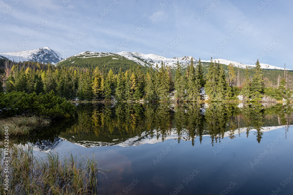 Reflections in the calm lake water with snow and mountains Reflections in the calm lake water with snow and mountains