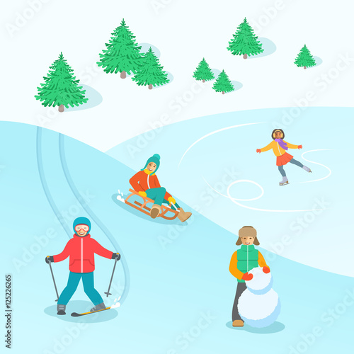 Kids playing outdoor winter games. Boys and girls in warm clothes making snowman, skiing, sledding, ice skating on Christmas holidays. Snowy vector background. Children winter activities banner