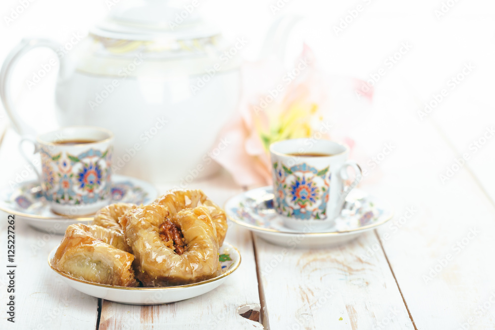 traditional eastern desserts on wooden background traditional eastern desserts on wooden background